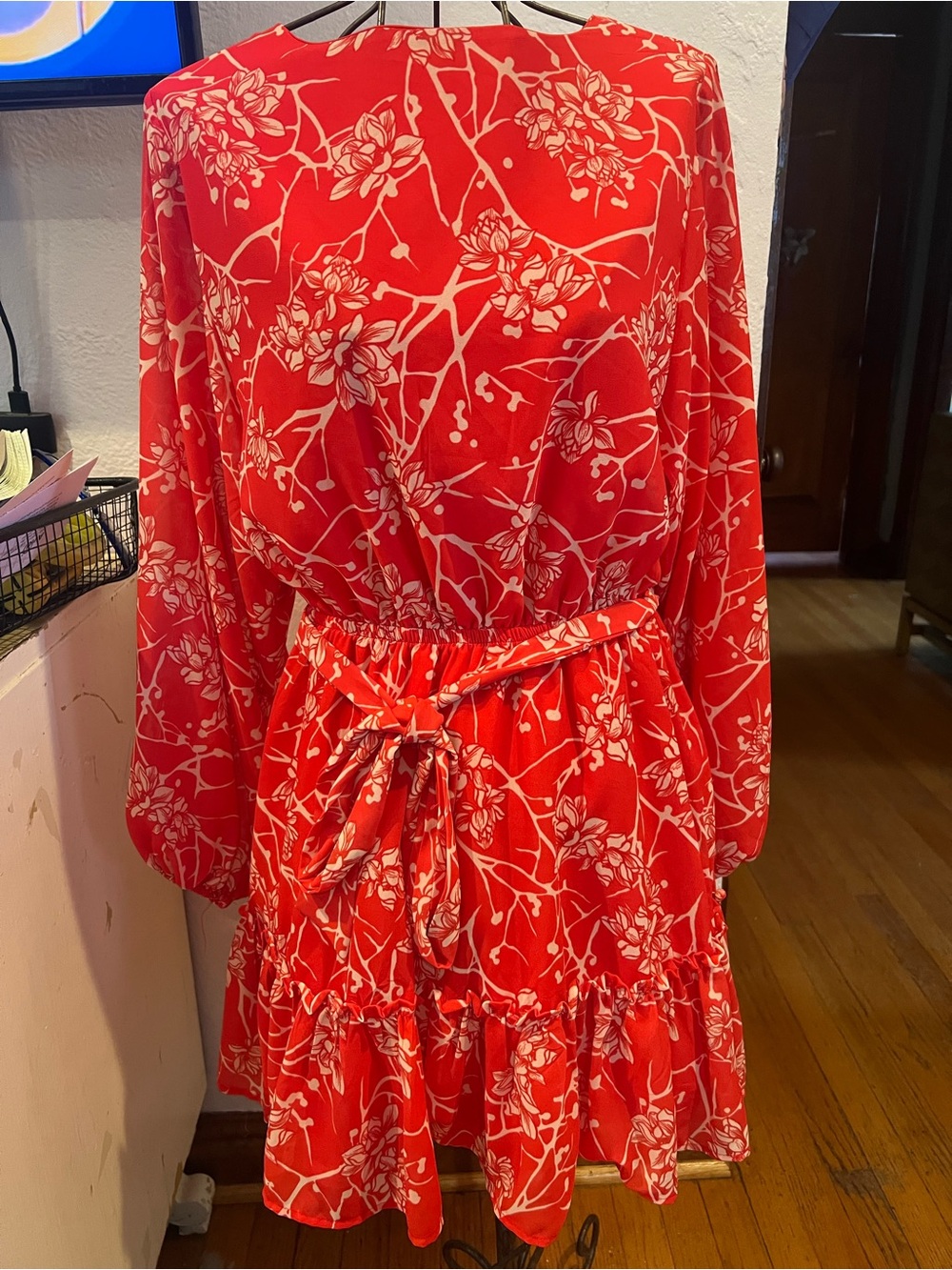Flying Tomato Red and White Floral Tie-Waist Long Sleeve Dress